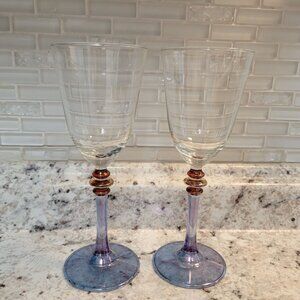 Handblown Iridescent Glass Goblets With Decorative Stems - Set Of 2